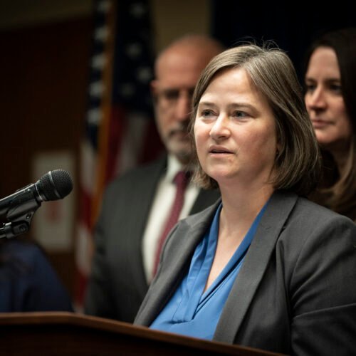 Assistant U.S. Attorney Laura Provinzino speaks at a press conference after the conviction of Anton Lazzaro for conspiring to recruit and pay 15- and 16-year-old girls for sex at the Federal Courthouse in Minneapolis, Minn., on Friday, March 31, 2023. ] RENEE JONES SCHNEIDER • renee.jones@startribune.com