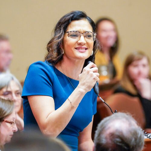 Rep. María Isa Pérez-Vega presents the early education policy bill on the House Floor April 4. (Photo by Andrew VonBank)